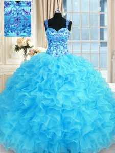 Customized Baby Blue Sleeveless Organza Lace Up Sweet 16 Quinceanera Dress for Military Ball and Sweet 16 and Quinceanera