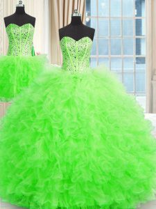 Three Piece Tulle Strapless Sleeveless Lace Up Beading and Ruffles 15 Quinceanera Dress in
