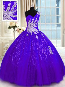 Edgy One Shoulder Purple Ball Gowns Appliques Quince Ball Gowns Lace Up Tulle and Sequined Sleeveless Floor Length