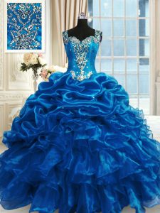 Admirable Blue Vestidos de Quinceanera Military Ball and Sweet 16 and Quinceanera and For with Beading and Ruffles Straps Sleeveless Lace Up