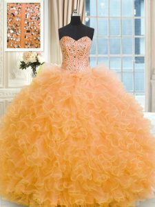 Orange Lace Up 15 Quinceanera Dress Beading and Ruffles Sleeveless Floor Length