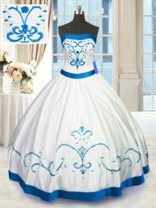 Cute Strapless Sleeveless Quince Ball Gowns Floor Length Beading and Embroidery White Satin
