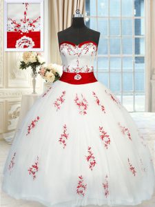 White Quince Ball Gowns Military Ball and Sweet 16 and Quinceanera and For with Appliques and Belt Sweetheart Sleeveless Lace Up