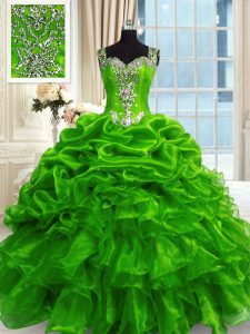 Super Green Sleeveless Floor Length Beading and Ruffles and Pick Ups Lace Up Quinceanera Dress