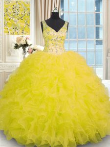 Yellow V-neck Zipper Beading and Ruffles Sweet 16 Dresses Sleeveless