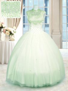 Flare Floor Length Green Quince Ball Gowns Tulle Sleeveless Beading