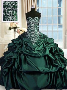 Custom Designed Sweetheart Sleeveless Quinceanera Gowns Floor Length Beading and Embroidery and Pick Ups Dark Green Taffeta