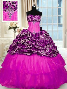 Free and Easy Printed Beading and Ruffled Layers and Sequins Sweet 16 Dresses Fuchsia Lace Up Sleeveless Sweep Train