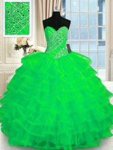 Modest Sleeveless Organza Floor Length Lace Up Sweet 16 Dress in Green with Beading and Ruffled Layers
