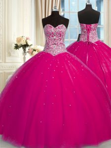 Fuchsia Ball Gowns Tulle Halter Top Sleeveless Beading and Sequins Floor Length Lace Up Quinceanera Gown