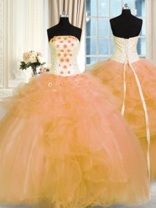 Floor Length Gold Quince Ball Gowns Tulle Sleeveless Hand Made Flower