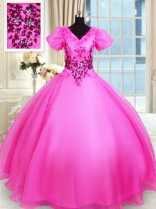 Hot Pink Ball Gowns V-neck Short Sleeves Organza Floor Length Lace Up Appliques 15 Quinceanera Dress