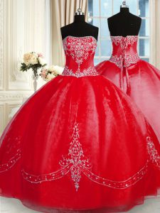 Red Tulle Lace Up 15 Quinceanera Dress Sleeveless Floor Length Beading and Embroidery