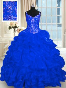 Royal Blue Ball Gowns Spaghetti Straps Sleeveless Organza Brush Train Lace Up Beading and Embroidery and Ruffles and Pick Ups Sweet 16 Dress