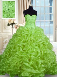 New Arrival Lace Up Sweet 16 Quinceanera Dress Beading and Pick Ups Sleeveless With Train Sweep Train