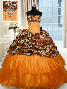Orange Ball Gowns Beading and Ruffled Layers 15th Birthday Dress Lace Up Organza and Printed Sleeveless
