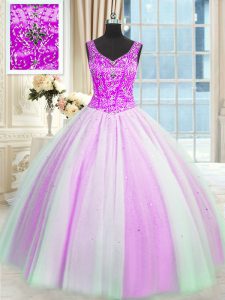 Multi-color Sleeveless Beading and Sequins Floor Length 15th Birthday Dress