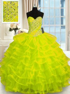 Fine Floor Length Lace Up Quinceanera Dress Yellow Green for Military Ball and Sweet 16 and Quinceanera with Beading and Ruffled Layers