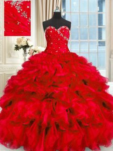 Floor Length Lace Up Quinceanera Gown Red for Military Ball and Sweet 16 and Quinceanera with Beading and Ruffles
