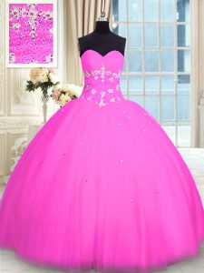 Cheap Pink Ball Gowns Tulle Sweetheart Sleeveless Appliques Floor Length Lace Up 15 Quinceanera Dress