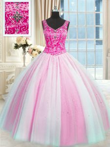 Custom Fit Baby Pink and Pink And White Ball Gowns Tulle V-neck Sleeveless Beading Floor Length Lace Up Sweet 16 Dresses