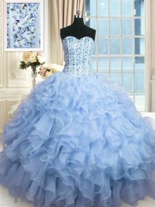 Vintage Sleeveless Beading and Ruffles and Sequins Lace Up Quinceanera Gowns