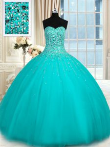 Sophisticated Turquoise Ball Gowns Tulle Sweetheart Sleeveless Beading Floor Length Lace Up Quinceanera Dress