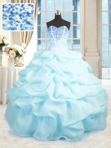 Deluxe Sleeveless Floor Length Beading and Ruffles Lace Up Quinceanera Dresses with Baby Blue