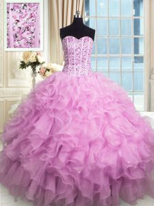 Sequins Lilac Sleeveless Organza Lace Up Quince Ball Gowns for Military Ball and Sweet 16 and Quinceanera