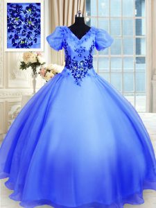 Short Sleeves Organza Floor Length Lace Up 15th Birthday Dress in Blue with Appliques