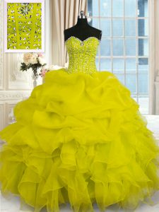Spectacular Yellow Quinceanera Gown Military Ball and Sweet 16 and Quinceanera and For with Beading and Ruffles Sweetheart Sleeveless Lace Up