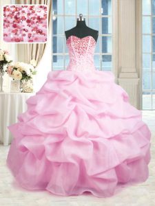 Captivating Pink Organza Lace Up Sweet 16 Dresses Sleeveless Floor Length Beading and Ruffles