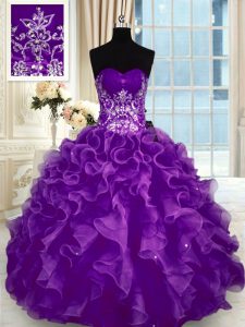 Dazzling Purple Organza Lace Up Sweetheart Sleeveless Floor Length Ball Gown Prom Dress Beading and Appliques and Ruffles