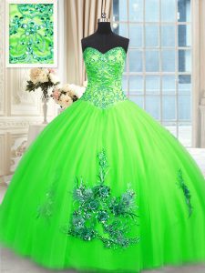 Custom Fit Tulle Lace Up Sweetheart Sleeveless Floor Length Quinceanera Gowns Appliques