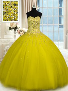 Luxurious Sweetheart Sleeveless Quinceanera Gown Floor Length Beading Olive Green Tulle