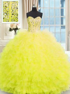 Light Yellow Strapless Neckline Beading and Ruffles Sweet 16 Quinceanera Dress Sleeveless Lace Up