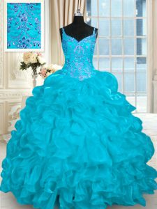 Sexy Brush Train Ball Gowns Sweet 16 Quinceanera Dress Aqua Blue Spaghetti Straps Organza Sleeveless Lace Up