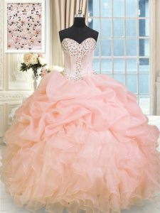 New Style Baby Pink Organza Lace Up Sweet 16 Dress Sleeveless Floor Length Beading and Ruffles