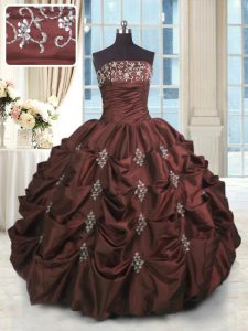 Burgundy Taffeta Lace Up 15 Quinceanera Dress Sleeveless Floor Length Beading and Appliques and Embroidery and Pick Ups
