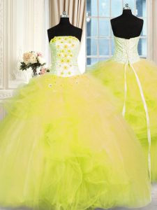 Exquisite Yellow Green Sleeveless Beading and Ruffles Floor Length Quinceanera Gown