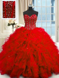 Top Selling Red Lace Up Sweetheart Beading and Ruffles and Sequins 15 Quinceanera Dress Organza Sleeveless