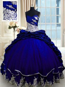 Royal Blue Sweetheart Lace Up Beading and Appliques and Pick Ups Sweet 16 Dress Brush Train Sleeveless