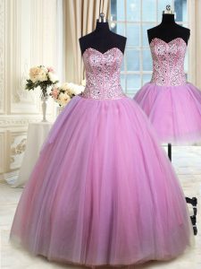 Chic Three Piece Tulle Sweetheart Sleeveless Lace Up Beading Quinceanera Gown in Lilac