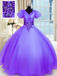 Lavender Ball Gowns Organza V-neck Short Sleeves Appliques Floor Length Lace Up Quinceanera Gown