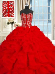 Sexy Beading and Ruffles 15 Quinceanera Dress Red Lace Up Sleeveless With Brush Train