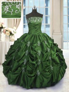Strapless Sleeveless Taffeta Quince Ball Gowns Beading and Appliques and Embroidery and Pick Ups Lace Up