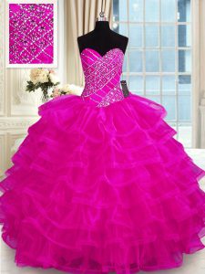 Noble Floor Length Fuchsia Sweet 16 Dress Organza Sleeveless Beading and Ruffled Layers