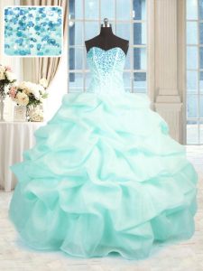 Cheap Aqua Blue Ball Gowns Organza Sweetheart Sleeveless Beading and Ruffles Floor Length Lace Up Quinceanera Gown