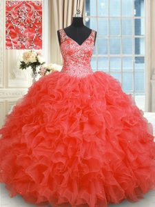 Coral Red Sleeveless Floor Length Beading and Ruffles Zipper Ball Gown Prom Dress