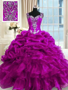 Fashionable Fuchsia Ball Gowns Straps Sleeveless Organza Floor Length Lace Up Beading and Ruffles and Pick Ups Quinceanera Dress